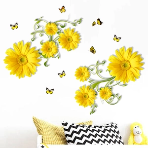 Self-adhesive waterproof daisy wall decals with yellow butterflies for home decoration