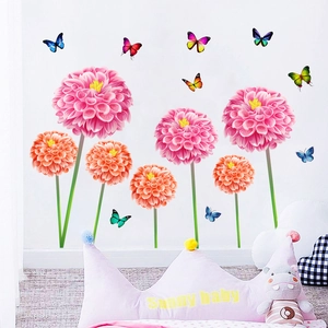 Self-adhesive floral wall stickers with pink dahlia flowers and colorful butterflies