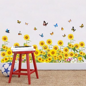 Self-adhesive sunflower wall stickers with colorful butterflies for living room decor