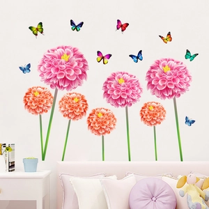 Colorful 3D dahlia flower and butterfly waterproof self-adhesive wall stickers for bedroom