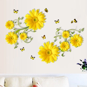 Detailed view of 3D waterproof wall stickers with daisies, vines and butterflies for decor