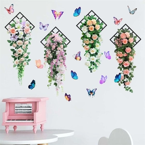 3D rose flower vine and butterfly wall stickers with iron hanging racks for home decor