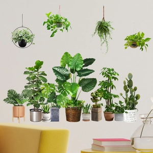 Self-adhesive wall stickers of assorted potted greenery like cacti and hanging plants