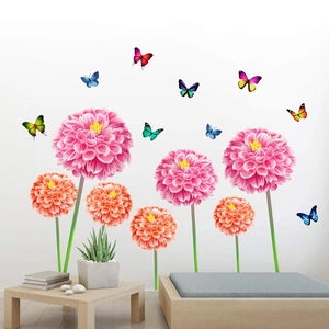 Self-adhesive floral wall stickers with dahlia flowers and butterflies for living room