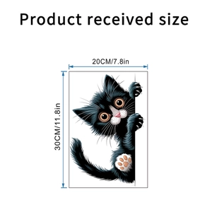 Detailed dimension guide for black peeking cat wall sticker measuring 20x30cm