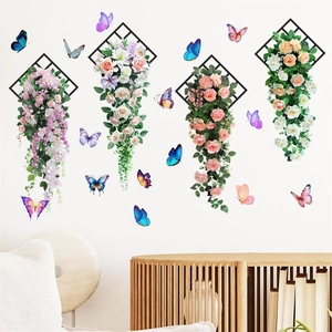 Detail of 3D rose flower wall decals with geometric frames and colorful butterflies