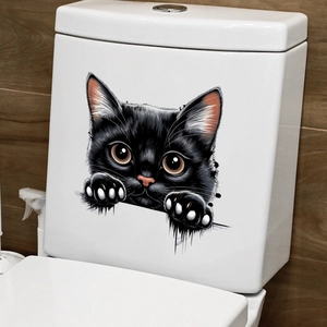 3D black kitten wall sticker showing a cute cat peeking out on a white toilet tank