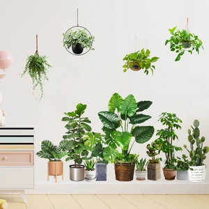 Waterproof green plant wall stickers featuring cacti and hanging baskets for home decor