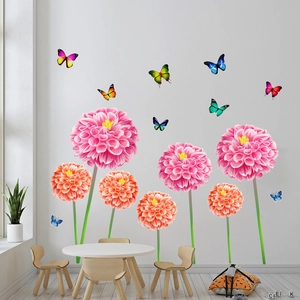 Detail of 3D dandelion butterfly wall stickers with pink floral patterns in bedroom