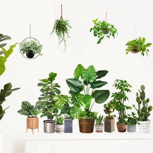 Self-adhesive green plant wall stickers featuring cactus and potted plants for home decor
