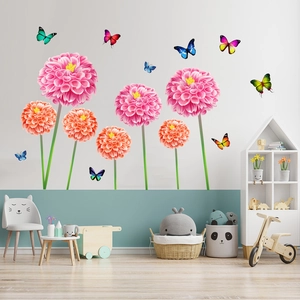 Detail of waterproof wall stickers featuring pink dahlia flowers and colorful butterflies