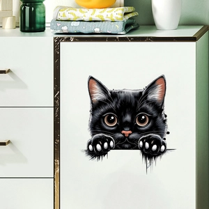 Realistic 3D black peeping cat wall sticker for modern home decor on white cabinet