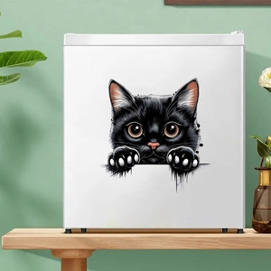 Funny black peeping cat waterproof sticker on a white mini fridge in a modern home