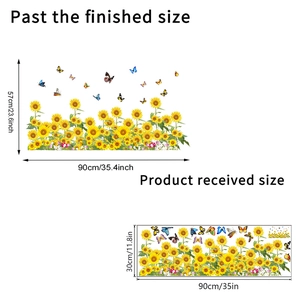 Waterproof sunflower and butterfly wall stickers for living room with dimensions shown