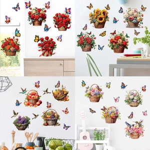 Floral wall stickers featuring baskets with red roses, sunflowers, birds and butterflies
