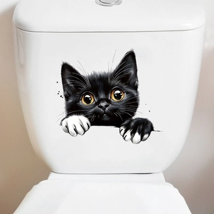 Detailed realistic 3D peeping black cat sticker with orange eyes on white toilet tank
