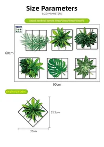 Detailed wall sticker layout showing tropical leaves and dimensions on white background