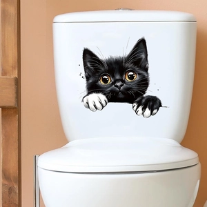 Funny peeping black cat waterproof wall sticker applied to a white ceramic toilet tank
