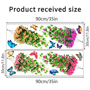 Detailed size chart showing two 90x30cm 3D rose and butterfly self-adhesive wall decals