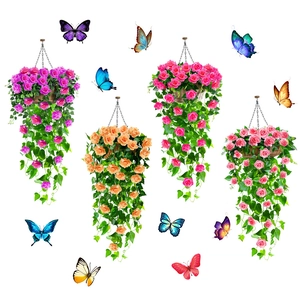 Set of four hanging artificial floral baskets with colorful vines and decorative butterflies