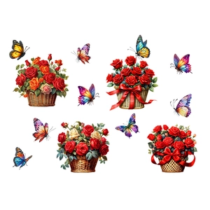 Detail of waterproof rose flower baskets and colorful butterflies wall decals for home decor