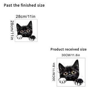 Detail of black peeking cat wall sticker with dimensions for fridge and laundry decor