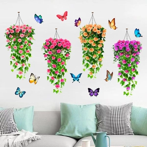 Detailed 3D rose vine wall stickers with colorful butterflies for living room decor