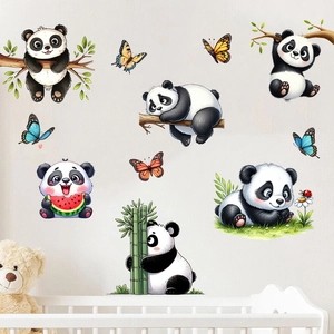 Detail of cute panda wall stickers set with bamboo and flowers on a white nursery wall