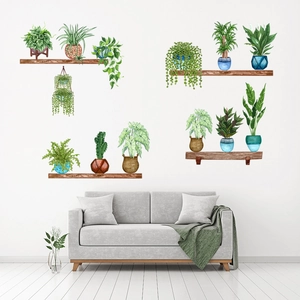 Detail of watercolor potted plants wall stickers on wooden shelves in a modern living room
