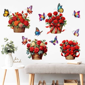 Self-adhesive wall stickers with flower baskets, colorful roses and flying butterflies