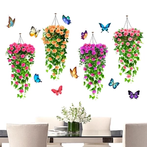 3D rose vine hanging baskets with colorful butterfly wall stickers for home decoration