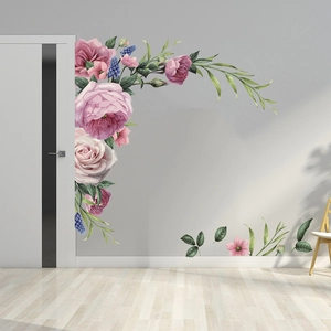 Stickers muraux détaillés en forme de L avec pivoines roses pour décorer les coins de murs
