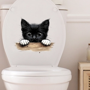 Funny black and white peeking cat waterproof wall sticker applied to white toilet lid