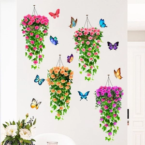 Detail of 3D rose flower vine and butterfly wall stickers on a white background