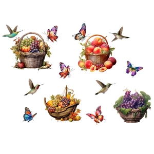 Close-up of bird and butterfly wall decals featuring realistic fruit basket designs