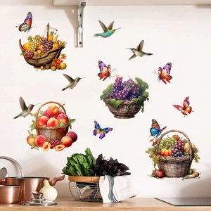 Self-adhesive wall stickers with fruit baskets and hummingbirds on kitchen wall decor
