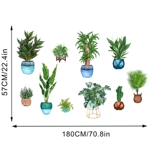 Detailed view of watercolor potted plant wall stickers including Monstera and Cacti