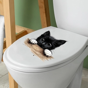 Funny black peeping cat waterproof sticker detail on a white toilet lid