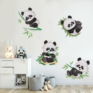 Cartoon panda wall stickers set featuring pandas climbing bamboo in a kids room decor
