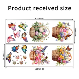 Detailed sheet of butterfly and flower basket wall stickers with exact product dimensions