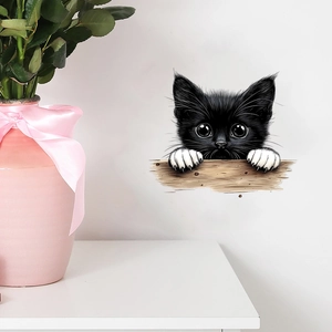 Funny black peeping cat wall sticker detail on white wall with wood texture accents