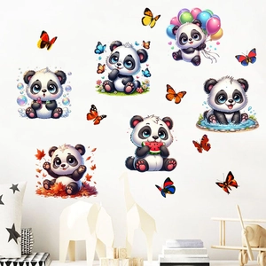 Detail showing 3D cartoon panda wall stickers with colorful butterflies for kids' room