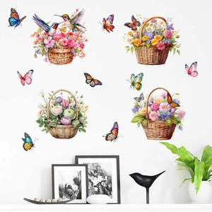 Detail of floral wall stickers with baskets, colorful roses, butterflies and hummingbirds