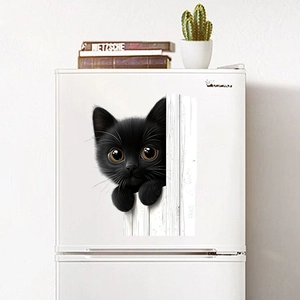 Detail of 3D peeking black cat sticker on white fridge with realistic wood fence design