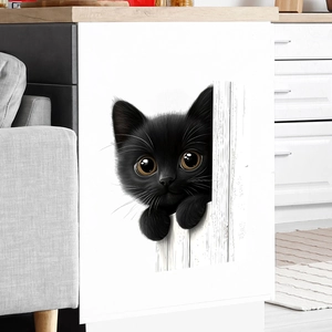 Funny 3D black cat peeking from white fence wall decal for home furniture decor