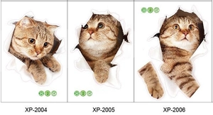 Detailed view of 3D realistic brown tabby cat wall stickers with 3 creative broken hole designs
