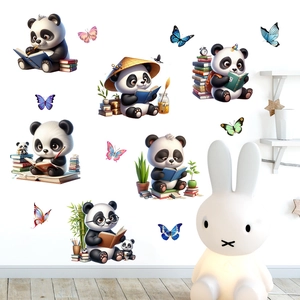 Close-up of cute panda reading books wall stickers set on white wall in a nursery room
