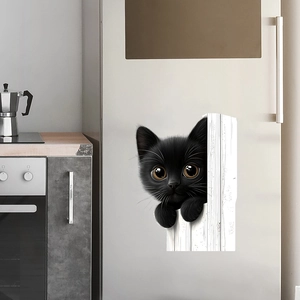 Detailed realistic black cat peeping 3D wall sticker applied on a silver refrigerator surface