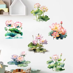 Detail of Chinese style lotus wall decal with watercolor lotus flowers and green leaves