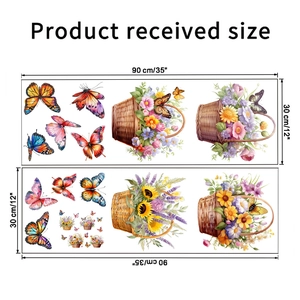Detailed dimensions of butterfly and flower basket wall stickers showing 90x30cm size